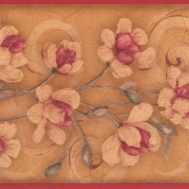 CONCORD WALLCOVERINGS ™ Wallpaper Border Floral Pattern Flowers Leaves Swirls for Cottage Bedroom Living Room, Brown Pink Green, 15 ft by 7 in KM7775B