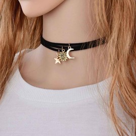 Cimenexe Bohemian Moon Pendant Necklace, Star Leather Necklace, Golden Sun Necklace, Layered Leather Choker, Gothic Adjustable Suede Necklace, Jewelry for Women and Girls