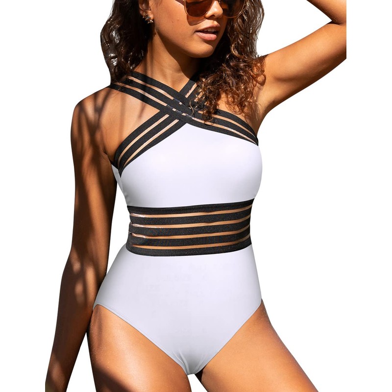 Hilor Women's One Piece Swimwear Front Crossover Swimsuits Hollow Bathing