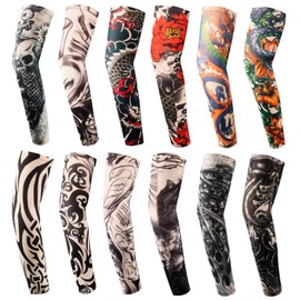 YARIEW Tattoo Sleeves for Men, 12Pcs Fake Tattoos Sleeves to Cover Arms Sleeve Tattoos for Women Cooling Sun Protection Tribes Skulls Patterns