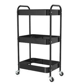 PNVXNUS 3 Tier Rolling Metal Storage Carts with Wheels,Multi Functional Organizer Cart for Office, Bathroom, Kitchen, Book, Diaper. Easy Assembly. (black)