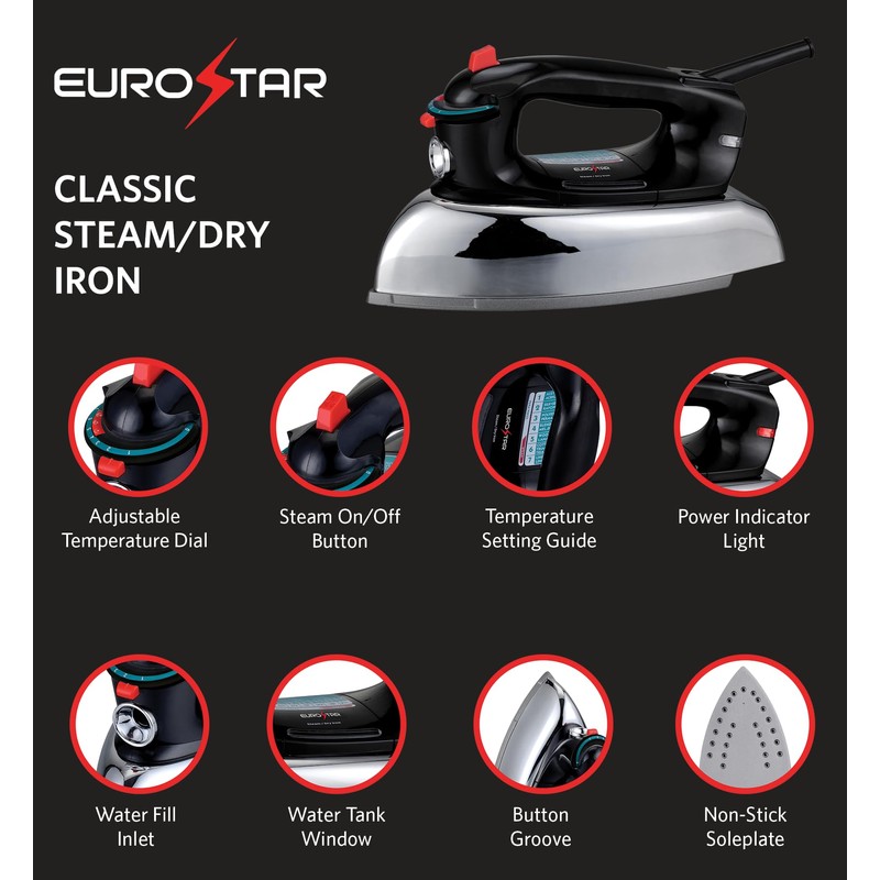 EUROSTAR IR900CL Classic Steam/Dry Anti-drip Iron, Black