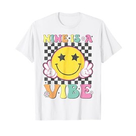 Nine Is A Vibe 9th Birthday Groovy Smile Face 9 Years Old T-Shirt