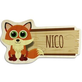 printplanet Wooden Door Sign with Name Nico - Fox Motif - Name Plate, Wooden Plaque, Children's Room Sign