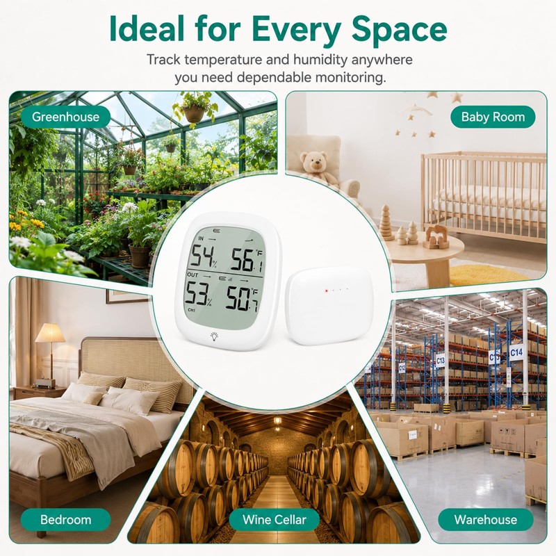 RUIKORING Wireless Indoor Outdoor Thermometer Hygrometer, 330 ft Sensor