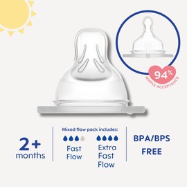 MAM Bottle Nipples Mixed Flow Pack - Fast Flow Nipple Level 3 and Extra Fast Flow Nipple Level 4, for Newborns and Older, SkinSoft Silicone Nipples for Baby Bottles, Fits All MAM Bottles, 4 Pack