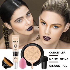 2PCS Mushroom Head Air Cushion CC Cream, Moisturizing Lasting Oil Control BB Cream for All Skin Types, Full Coverage Concealer Liquid Foundation Face Makeup Set with Foundation Brush & Makeup Sponge C