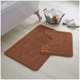VELVETIO Bath Mat Set 2 Piece Machine Washable for Bathroom, Jacquard Greek Non Slip Quick Dry Shower Rugs & Bathtub Mats, Highly Water Absorbent 100% Polypropylene Toilet Rug Sets, Terracotta