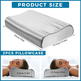 Breling 2 Pcs Silk Pillowcase for Memory Foam Pillow Neck Pillow 24 x 14 Inch Satin Pillow Case for Contoured Support Pillow Wave Shape Pillow Case Soft Smooth Pillowcase for Neck Pillow (Light Gray)