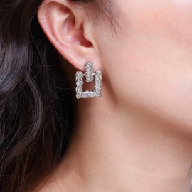 Inateannal Vintage Geometric Square Dangle Earrings Silver Hammered Square Earrings Statement Square Earrings Chunky Metal Square Stud Earrings Jewelry for Women and Girls