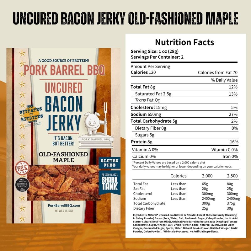 Pork Barrel BBQ Old-Fashioned Maple Bacon Jerky - Uncured Snacks,