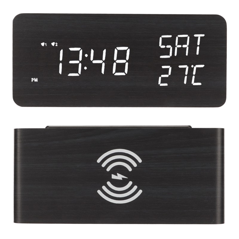 Wooden Digital Alarm Clock with Wireless Charging Black Adjustable Brightness