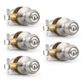 Probrico Keyed Entry Door Knob with Lock, Front Door Knob with Same Key, Interior/Exterior Door Lock, Standard Ball and Satin Nickel 5 Pack