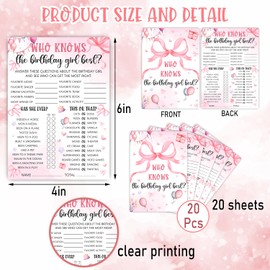 MUZRUYOU Who Knows The Birthday Girl Best, Pink Party Game Card Set, 4 * 6 inch, Pink Bow Theme Girls Sleepover Party Supplies, Girls Birthday Night Game Ideas, 20 Pieces