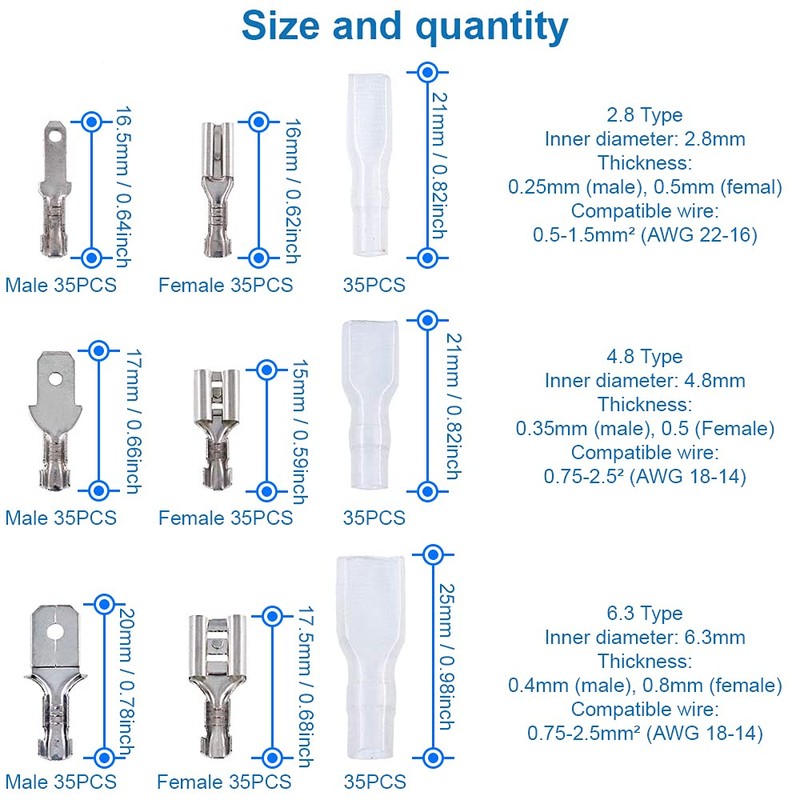 MMOBIEL 315pcs 2.8mm 4.8mm 6.3mm Male and Female Brush Connectors