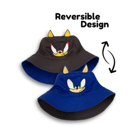 Sonic The Hedgehog Boys Reversible Bucket Hat in Blue & Dark Grey | 3D Ears Sonic & Shadow Character Design | Casual Sun Protection Hat