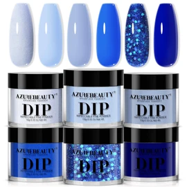 AZUREBEAUTY Dip Powder, Royal Navy Sky Icy Blue Glitter 6 Colors Dipping Powder Starter Kit French Nail Art Manicure DIY Salon for Women, No Need Nail Lamp Cured