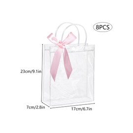 8 Pack Clear Plastic Gift Bags with Pink Ribbons, 23× 17× 7cm Clear Party Bags with Handles Transparent Gift Bags Bulk for Wedding Birthday Holiday