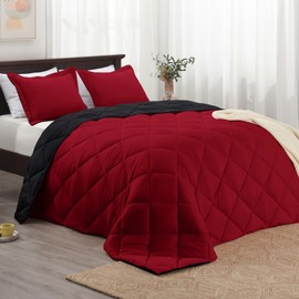 Basic Beyond Queen Comforter Set, Red and Black Comforter Set Queen Size, Reversible Bed Comforter Queen Bed Set for All Seasons, 1 Comforter (88"x92") and 2 Pillow Shams (20"x26"+2")
