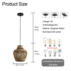 Teru Ji Kaikang Rattan Pendant Light Fixtures,11.02" Boho Rattan Pendant Light,2-Pack Hand Woven Seagrass Chandelier for Workplace Occasions Restaurants Dining Living Bedroom Kitchen Farmhouse