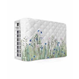 Leaves Plants Indoor Air Conditioner Cover for Window Units, Double Insulation Adjustable Waterproof Indoor AC Cover with Elastic Straps Wildflower Botanical Flower Blue Green 25'' x 18'' x 3.5''