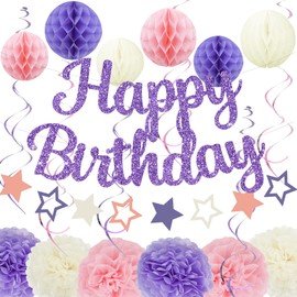 ELOPELY Birthday Party Decorations, Happy Birthday Banner, Honeycomb Ball, Tissue Pompoms, Hanging Swirl, Star Garland, Birthday Decorations for Women Men Girls Boys (Purple, Pink)