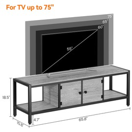 GAOMON 65" TV Stand for TV up to 75 Inches, Large TV Console Table with 2 Closed Storage Spaces and Open Compartments, Wooden Entertainment Center with Adjustable Feet for Living Room, Bedroom, Grey