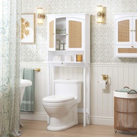 Spirich Over The Toilet Storage Cabinet with Rattan Doors, Over Toilet Bathroom Organizer with Tilt-Out Cube and Adjustable Shelf