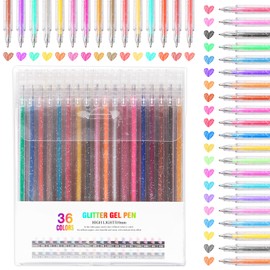 Pilikoll 36 Piece Glitter Gel Pen Set Glitter Pens Gel Pen Set with Glitter 36 Colourful Glitter Gel Pens 1.0 mm Glitter Gel Pens Set Metallic Gel Pens for Diary, Painting, Doodling
