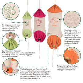 Set of 3 Reusable Hanging Vegetable Storage and Dispenser Bags, Dual Drawstring Closures with Cord Lock, Potato/Onion/Garlic Bag
