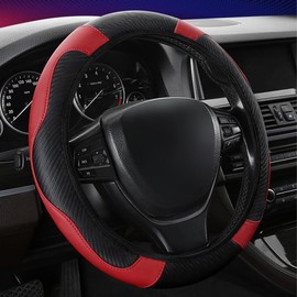 ZKSXOA Steering Wheel Cover, Microfiber Leather Car Steering Wheel Cover Set Include Handbrake Cover Gear Shift Cover, Breathable Anti-slip & Universal Size, Black-Red