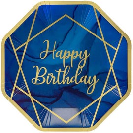 Anniversary House Happy Birthday Paper Dinner Plates, Navy Blue & Gold Geode Birthday, Disposable Paper Party Plates, 23cm (9"), Pack of 8, J125
