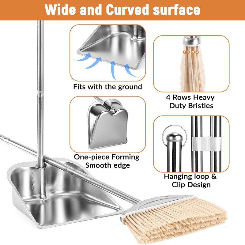 VOOWO Broom with Dustpan Combo Set, 46" Stainless Steel Broom