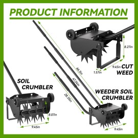Lineware 9-Inch Lawn Aerator with Steel Handle,Heavy Duty Push Spike Aerator with 2 Wheels,Aerator Lawn Tool, Manual Aerator Lawn Tool with Foam Armrests, Suitable for Lawn, Garden and Yard