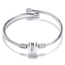 LSxAB Initial E Letter Cuff Silver Bracelet for Women Heart Alphabet Expandable Bangle Wristband Bracelets