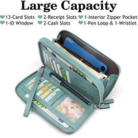 HNOOM Women's Large PU Leather Purse, Many Compartments with 14 Card Slots, Long Wallet, Women's RFID Protection Wallet with Coin Compartment and Removable Hand Strap, lightblue, Minimalist