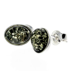 Green Baltic Amber 925 Sterling Silver Delicate Stud Oval Earrings M637G