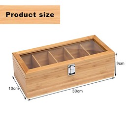 CMOISO Tea Box Bamboo, Tea Storage Box, 5-Compartment Multifunctional Wooden Tea, Tea Bag Storage Box with Transparent Lid (30x10x9cm)