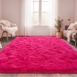 OHDS Hot Pink Fluffy Rug for Bedroom 5x7 ft - Ultra Soft & Non Slip Shaggy Area Rug, Comfy Girls Room Carpet for Living Room Kids Room Teens Dorm Home Decor, 1.7'' Thick Indoor Plush Carpets