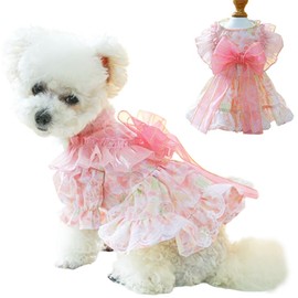MQQYLBHDS Pink Dog Dress for Small Dog Girl Spring Puppy Clothes with Bow Puff Sleeves Cat Outfit Doggy Princess with Leash Ring Doggies Harness Dress Summer Pet Apparel (Pink, Large)