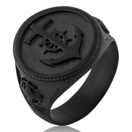 Akitsune Portus Ring, Anchor Sailor Nautical Traditional Ring, Men's Stainless Steel Designer Matte Black - US 6, Stainless Steel