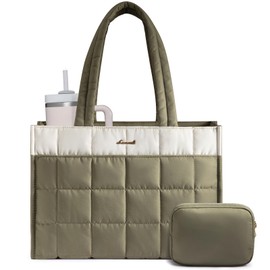 LOVEVOOK Tote Bag for Women, Puffer Work Handbag 15.6 Inch Laptop Purse for Nurse Teacher, Large Quilted Travel Tote Shoulder Bag with Zipper for College Office Clinical Gym, Cream-Sage