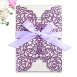 PONATIA 25PCS/Lot 250GSM 5.12 x 7.1'' Laser Cut Invitations Hollow Rose With Light Pink Ribbons Glitter Wedding Invitations Cards For Wedding Bridal Shower Engagement Birthday (Purple Glitter)