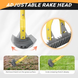 Thatch Rake, 19-Tine Lawn Leveling Dethatcher Rake with Long Adjustable Steel Metal Handle, 55“ Gardening Tools for Loosen The Soil,Laying Sod, Removing Thatch and Cleaning Leaves