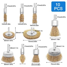 Drahtbürsten-Set für Bohrer, Messingbeschichtete Drahtbürsten für Bohrer und Topfbürste, 6,35 mm Schaft, Drahtrad für Bohraufsatz zum Entfernen von Rost-Korrosionsfarbe, 8 Größen, Gold, 10-teilig