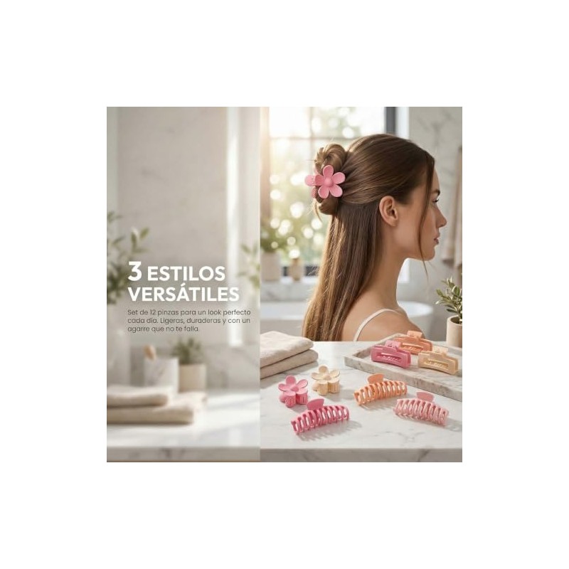 12 Pinzas Pelo Cuadradas 3 Estilos Antideslizantes Mate para niñas
