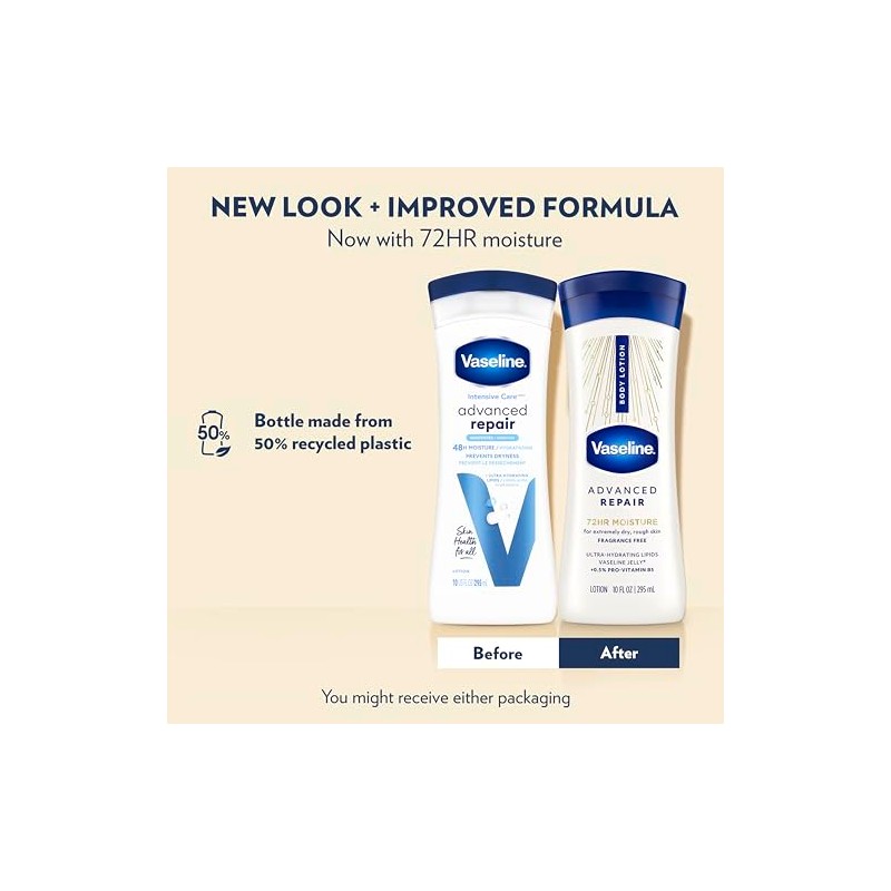 Vaseline Intensive Care Body Lotion, Advanced Repair Unscented, 10 oz