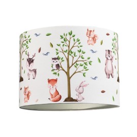 Cute Woodland Animals Round Lamp Shade in Cotton Fabric - Treed Foxes Owls and Rabbits | 25cm Diameter | 60w Maximum | Inner Cream Cotton Lining by Happy Homewares