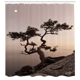 Ambesonne - Cortina de ducha de árbol, árbol de enebro solitario en el acantilado del mar, luna llena al atardecer, impresión artística temática de naturaleza, tela de tela, juego de decoración de baño con ganchos, 69 pulgadas de ancho x 70 pulgadas de l