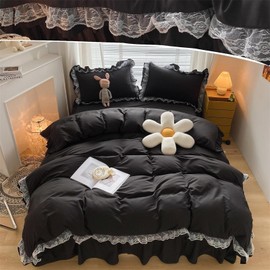 Black White Ruffle Duvet Cover Sets 2 Pieces Lace Bedding Set with 1 Pillowcases Single Soft Breathable Microfiber Duvet Cover 135x200 cm